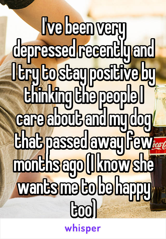 I've been very depressed recently and I try to stay positive by thinking the people I care about and my dog that passed away few months ago (I know she wants me to be happy too)