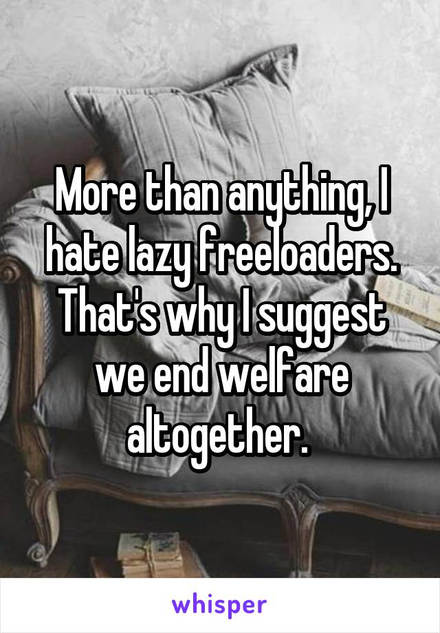 More than anything, I hate lazy freeloaders. That's why I suggest we end welfare altogether. 