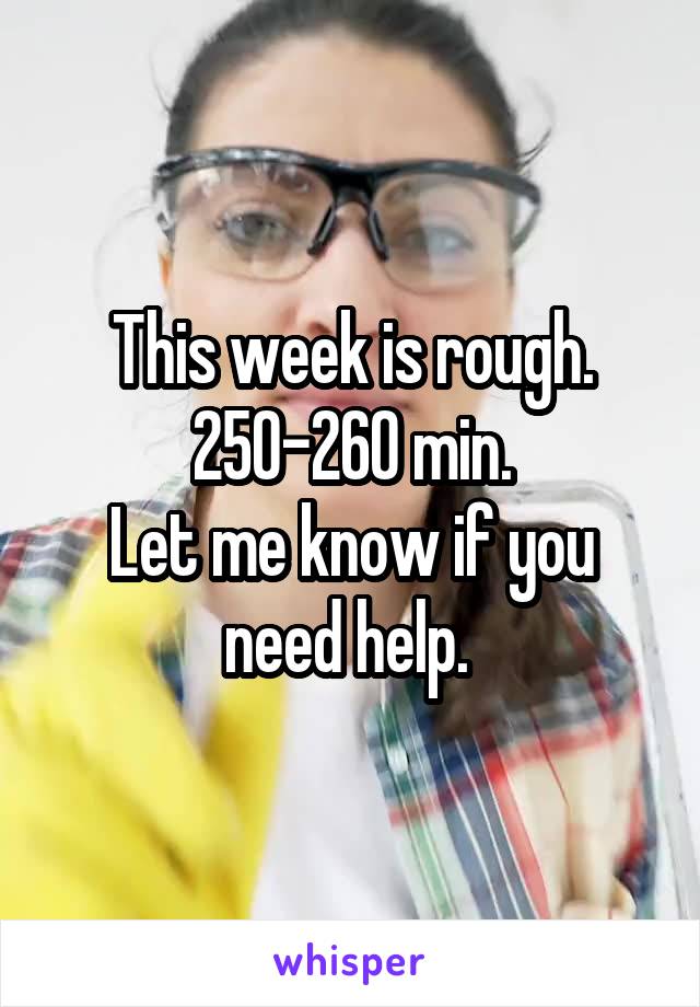 This week is rough. 250-260 min.
Let me know if you need help. 
