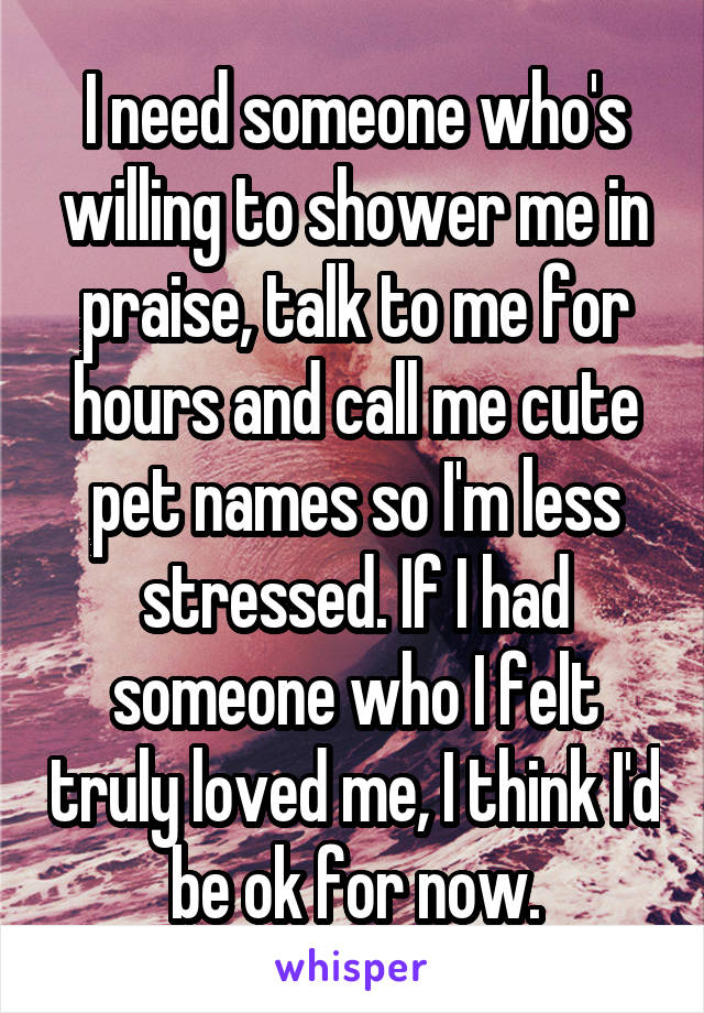 I need someone who's willing to shower me in praise, talk to me for hours and call me cute pet names so I'm less stressed. If I had someone who I felt truly loved me, I think I'd be ok for now.