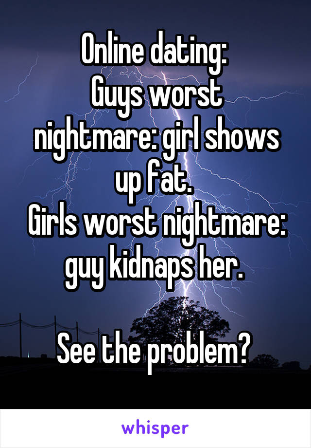 Online dating: 
Guys worst nightmare: girl shows up fat. 
Girls worst nightmare: guy kidnaps her. 

See the problem? 

