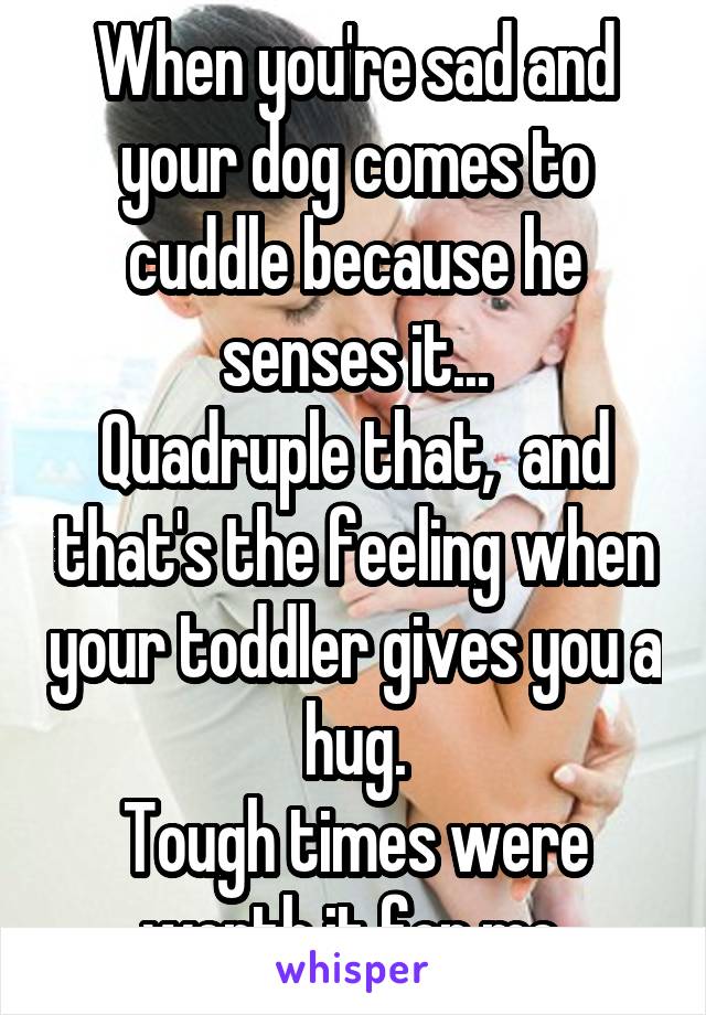 When you're sad and your dog comes to cuddle because he senses it...
Quadruple that,  and that's the feeling when your toddler gives you a hug.
Tough times were worth it for me.