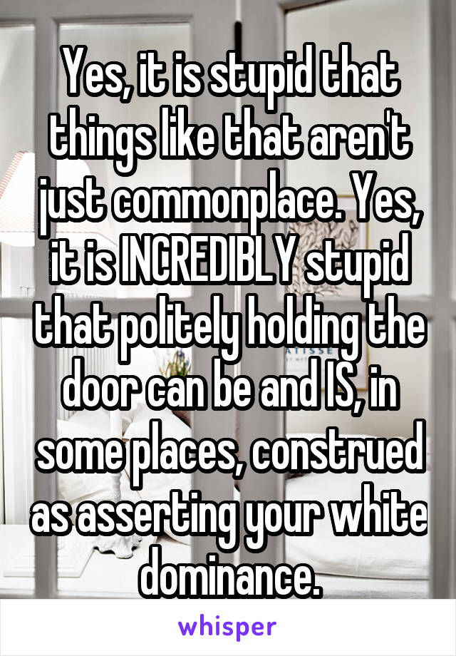 Yes, it is stupid that things like that aren't just commonplace. Yes, it is INCREDIBLY stupid that politely holding the door can be and IS, in some places, construed as asserting your white dominance.