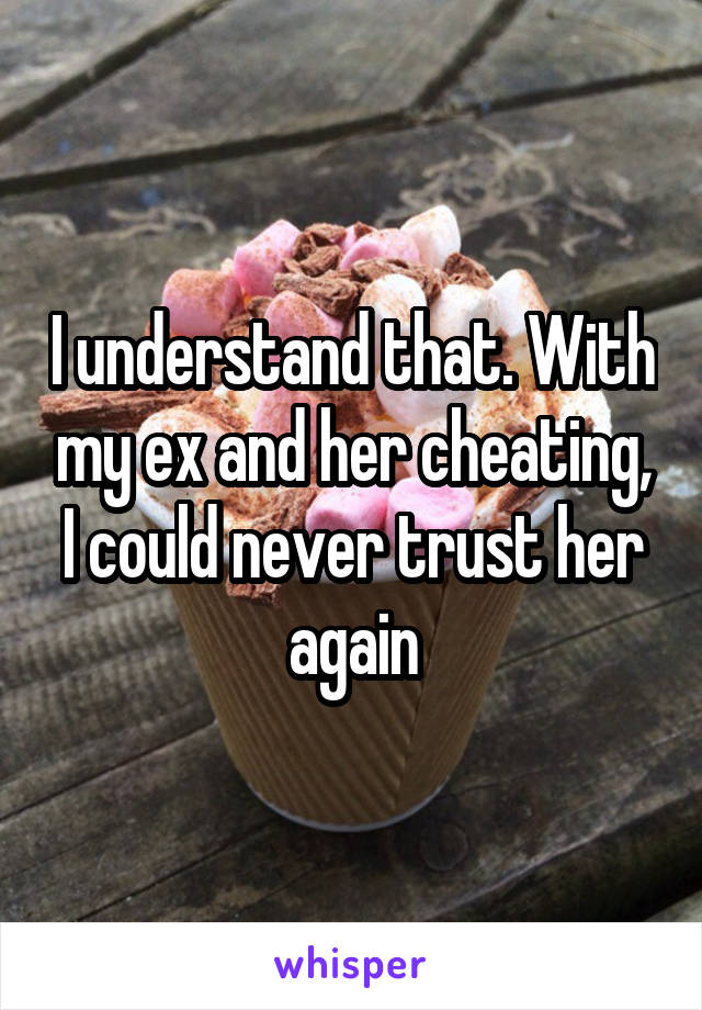 I understand that. With my ex and her cheating, I could never trust her again