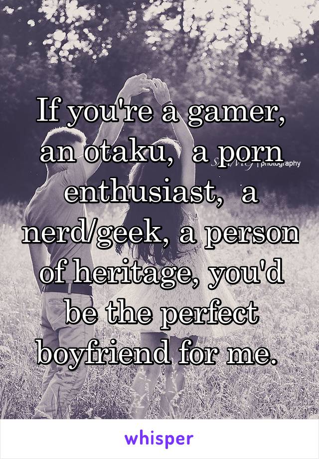 If you're a gamer, an otaku,  a porn enthusiast,  a nerd/geek, a person of heritage, you'd be the perfect boyfriend for me. 