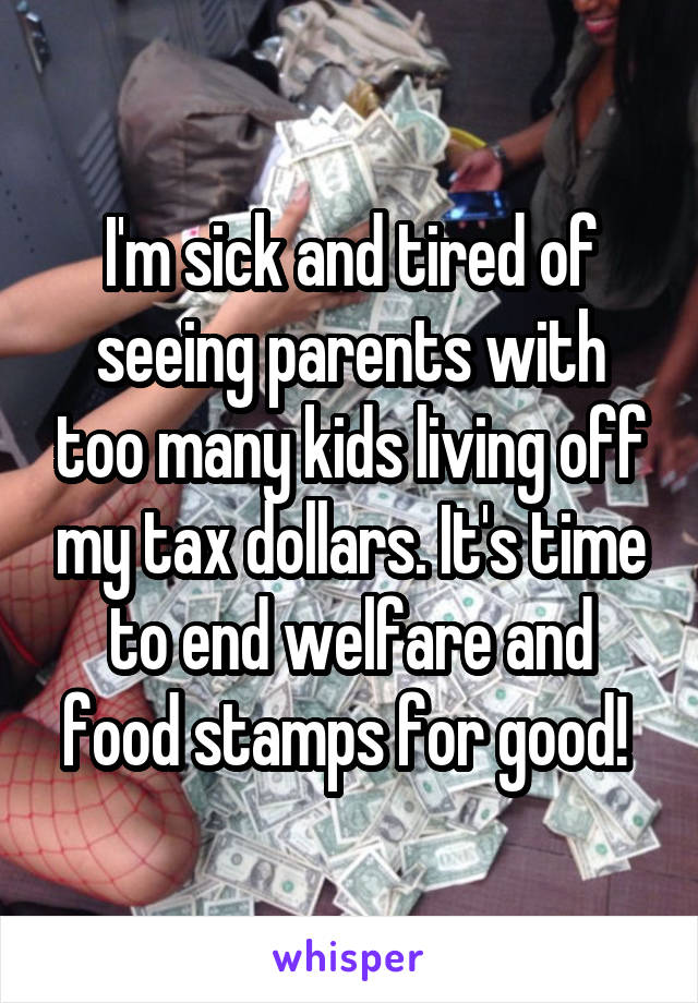 I'm sick and tired of seeing parents with too many kids living off my tax dollars. It's time to end welfare and food stamps for good! 