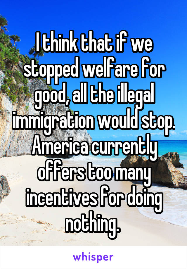 I think that if we stopped welfare for good, all the illegal immigration would stop. America currently offers too many incentives for doing nothing. 