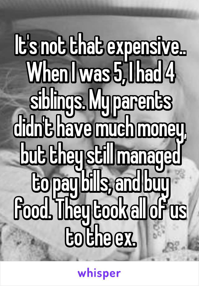 It's not that expensive.. When I was 5, I had 4 siblings. My parents didn't have much money, but they still managed to pay bills, and buy food. They took all of us to the ex.