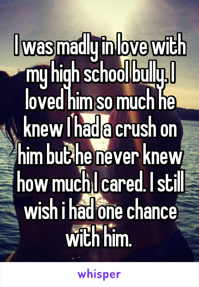 I was madly in love with my high school bully. I loved him so much he knew I had a crush on him but he never knew how much I cared. I still wish i had one chance with him. 