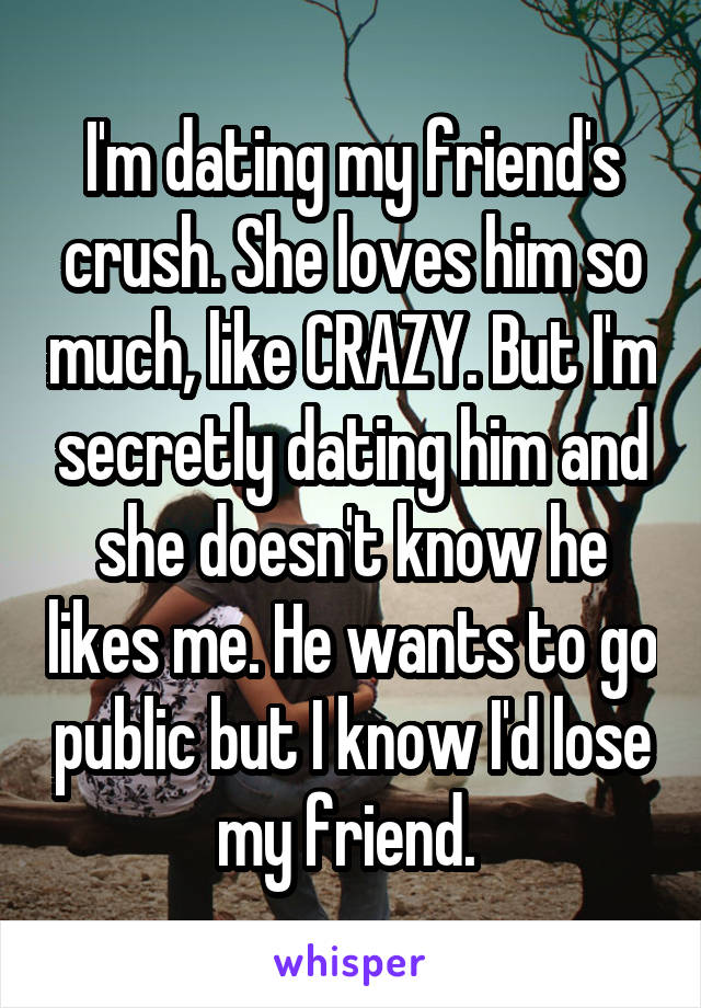 I'm dating my friend's crush. She loves him so much, like CRAZY. But I'm secretly dating him and she doesn't know he likes me. He wants to go public but I know I'd lose my friend. 
