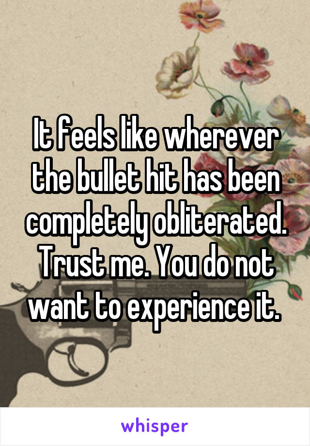 It feels like wherever the bullet hit has been completely obliterated. Trust me. You do not want to experience it. 