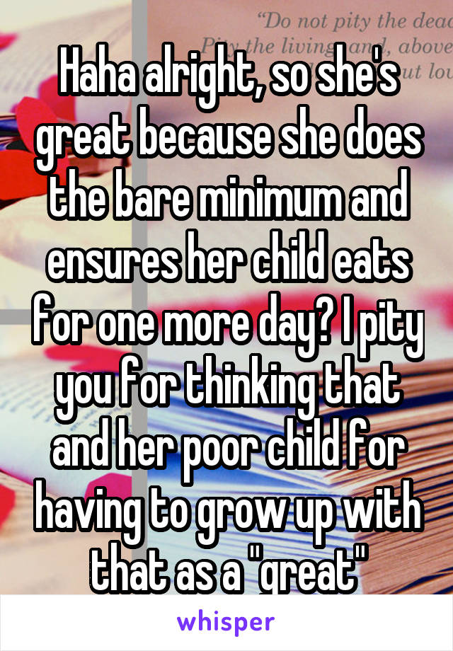 Haha alright, so she's great because she does the bare minimum and ensures her child eats for one more day? I pity you for thinking that and her poor child for having to grow up with that as a "great"