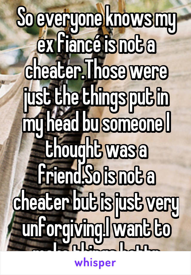 So everyone knows my ex fiancé is not a cheater.Those were just the things put in my head bu someone I thought was a friend.So is not a cheater but is just very unforgiving.I want to make things bettr