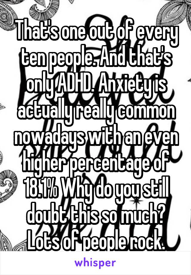 That's one out of every ten people. And that's only ADHD. Anxiety is actually really common nowadays with an even higher percentage of 18.1% Why do you still doubt this so much? Lots of people rock.