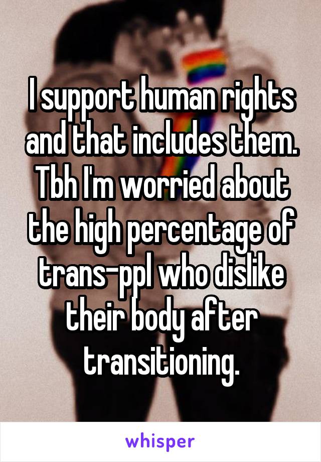 I support human rights and that includes them.
Tbh I'm worried about the high percentage of trans-ppl who dislike their body after transitioning.