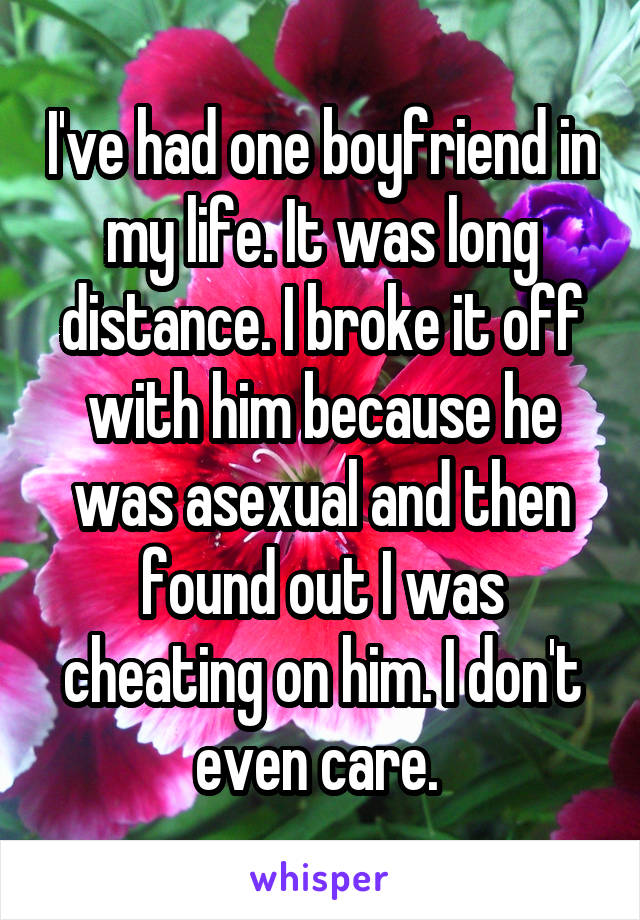 I've had one boyfriend in my life. It was long distance. I broke it off with him because he was asexual and then found out I was cheating on him. I don't even care. 
