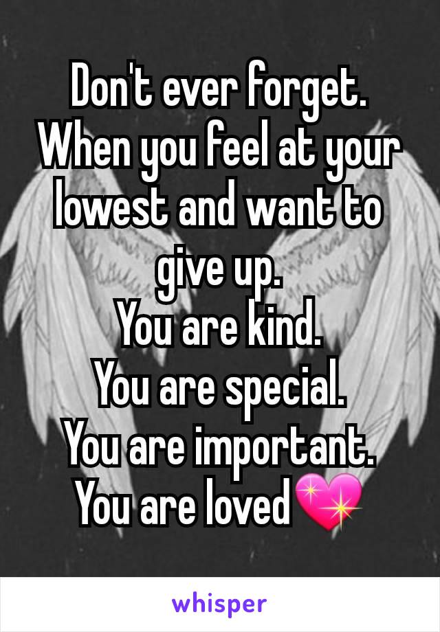 Don't ever forget. When you feel at your lowest and want to give up.
You are kind.
You are special.
You are important.
You are loved💖
