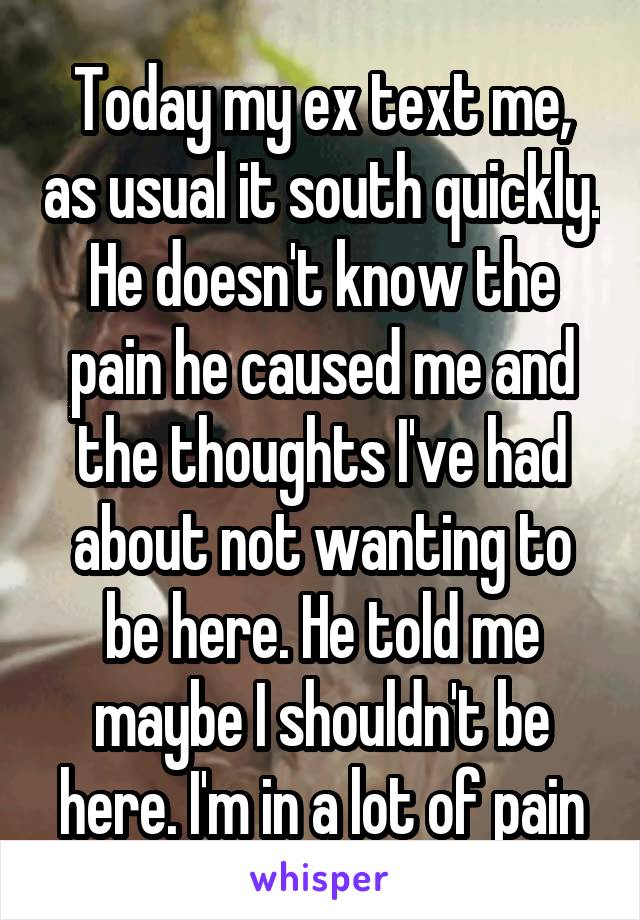 Today my ex text me, as usual it south quickly. He doesn't know the pain he caused me and the thoughts I've had about not wanting to be here. He told me maybe I shouldn't be here. I'm in a lot of pain