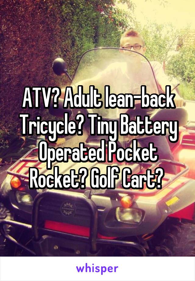 ATV? Adult lean-back Tricycle? Tiny Battery Operated Pocket Rocket? Golf Cart? 