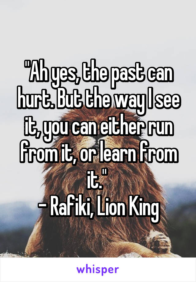 "Ah yes, the past can hurt. But the way I see it, you can either run from it, or learn from it." 
- Rafiki, Lion King