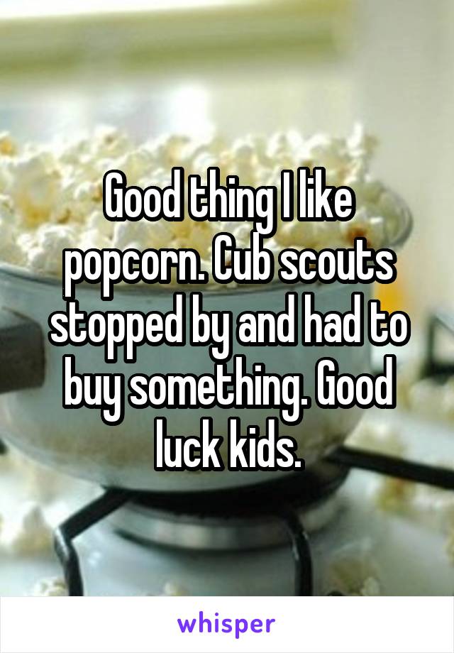 Good thing I like popcorn. Cub scouts stopped by and had to buy something. Good luck kids.