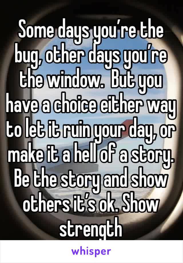 Some days you’re the bug, other days you’re the window.  But you have a choice either way to let it ruin your day, or make it a hell of a story. Be the story and show others it’s ok. Show strength 