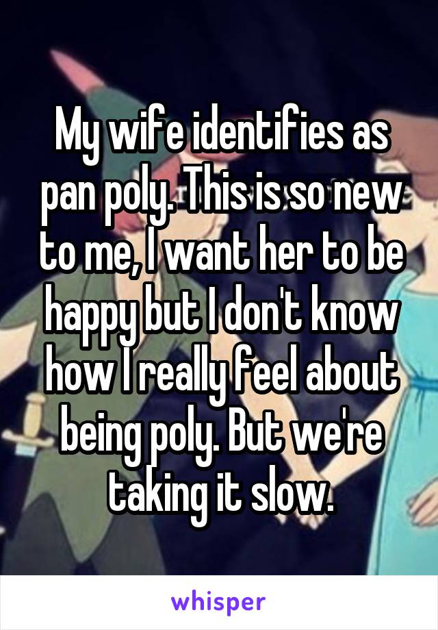 My wife identifies as pan poly. This is so new to me, I want her to be happy but I don't know how I really feel about being poly. But we're taking it slow.