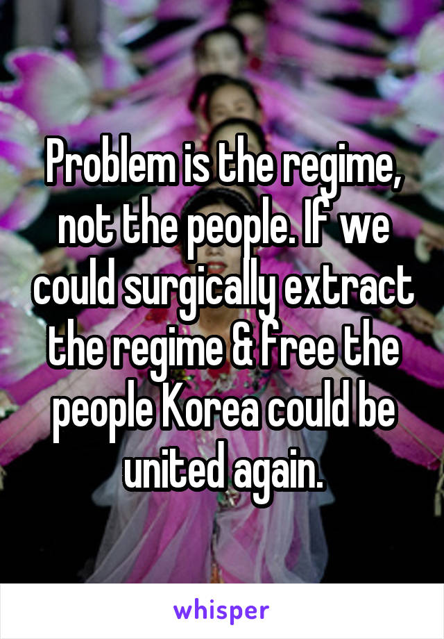 Problem is the regime, not the people. If we could surgically extract the regime & free the people Korea could be united again.