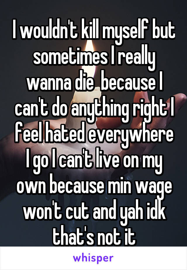 I wouldn't kill myself but sometimes I really wanna die  because I can't do anything right I feel hated everywhere I go I can't live on my own because min wage won't cut and yah idk that's not it