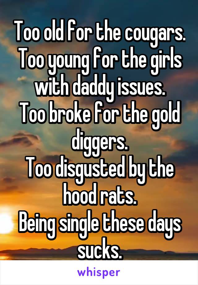 Too old for the cougars.
Too young for the girls with daddy issues.
Too broke for the gold diggers.
Too disgusted by the hood rats.
Being single these days sucks.