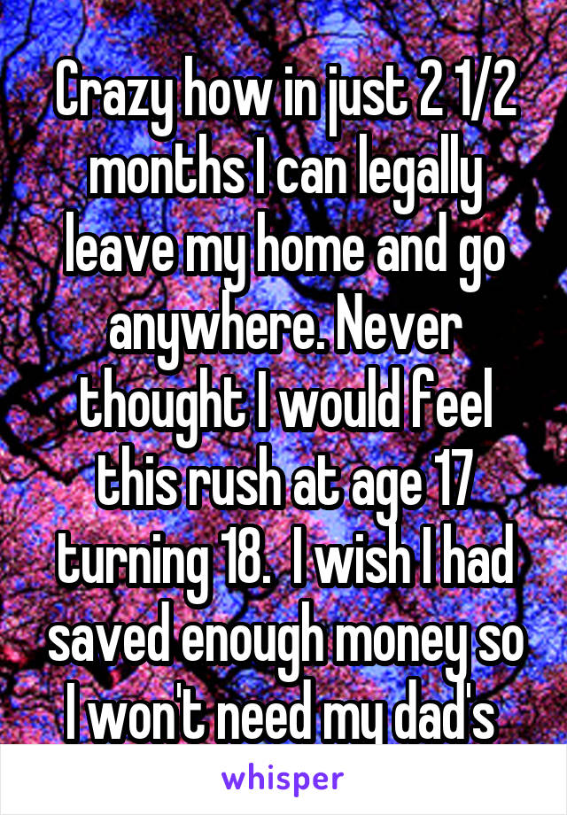 Crazy how in just 2 1/2 months I can legally leave my home and go anywhere. Never thought I would feel this rush at age 17 turning 18.  I wish I had saved enough money so I won't need my dad's 