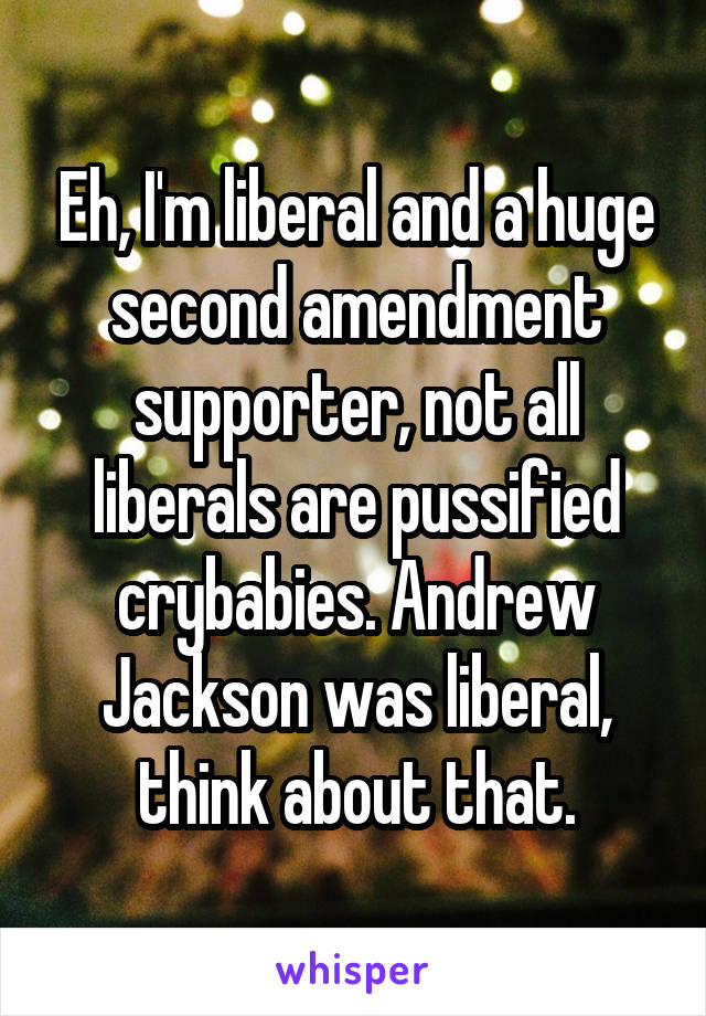 Eh, I'm liberal and a huge second amendment supporter, not all liberals are pussified crybabies. Andrew Jackson was liberal, think about that.