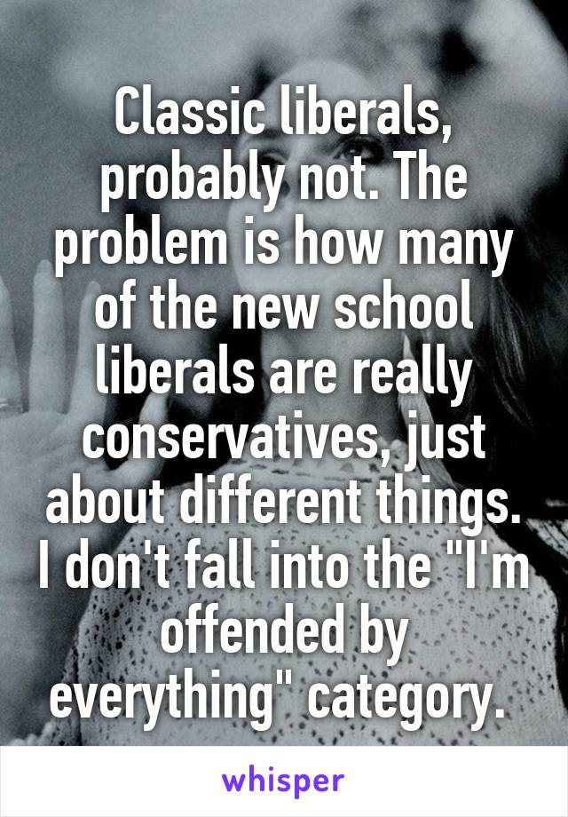 Classic liberals, probably not. The problem is how many of the new school liberals are really conservatives, just about different things. I don't fall into the "I'm offended by everything" category. 