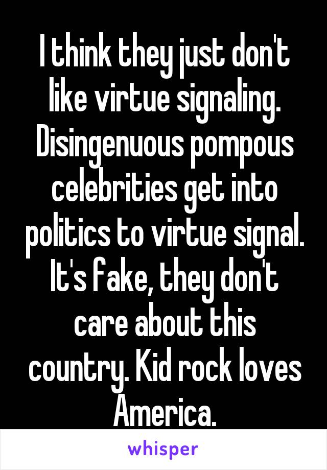I think they just don't like virtue signaling. Disingenuous pompous celebrities get into politics to virtue signal. It's fake, they don't care about this country. Kid rock loves America.