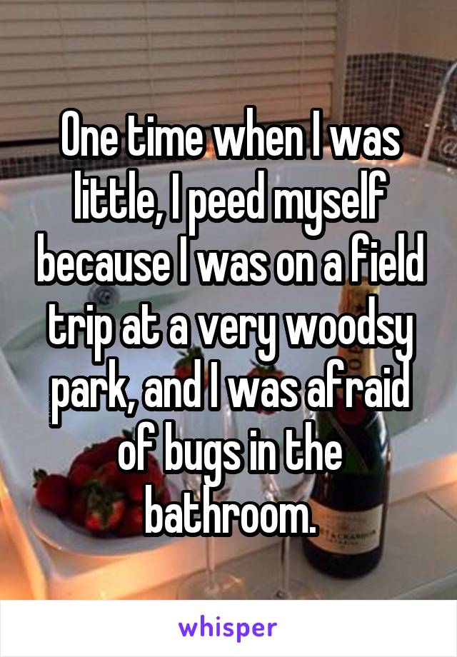 One time when I was little, I peed myself because I was on a field trip at a very woodsy park, and I was afraid of bugs in the bathroom.