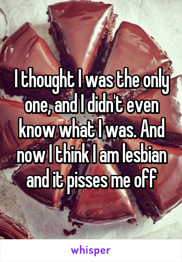 I thought I was the only one, and I didn't even know what I was. And now I think I am lesbian and it pisses me off
