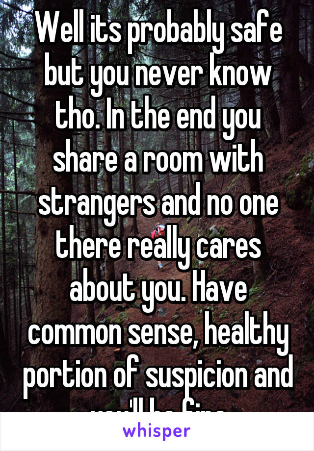 Well its probably safe but you never know tho. In the end you share a room with strangers and no one there really cares about you. Have common sense, healthy portion of suspicion and you'll be fine