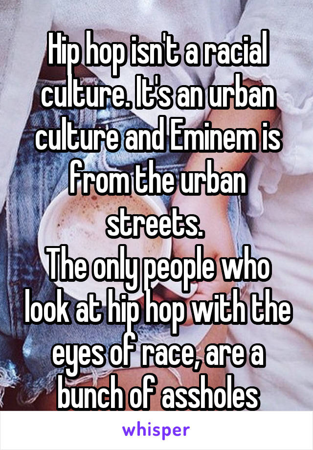 Hip hop isn't a racial culture. It's an urban culture and Eminem is from the urban streets. 
The only people who look at hip hop with the eyes of race, are a bunch of assholes