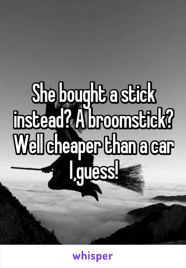 She bought a stick instead? A broomstick? Well cheaper than a car I guess!