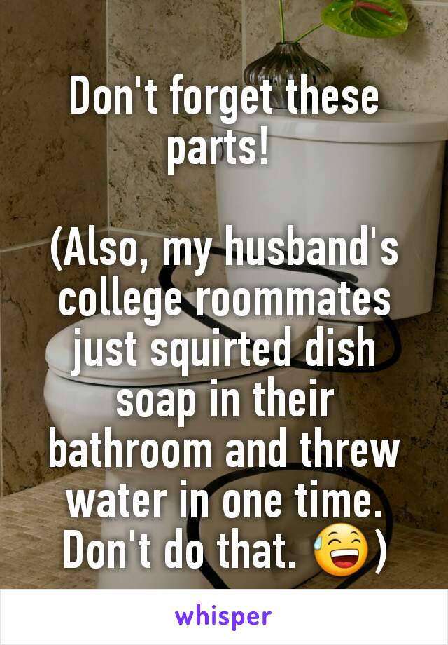Don't forget these parts! 

(Also, my husband's college roommates just squirted dish soap in their bathroom and threw water in one time. Don't do that. 😅)