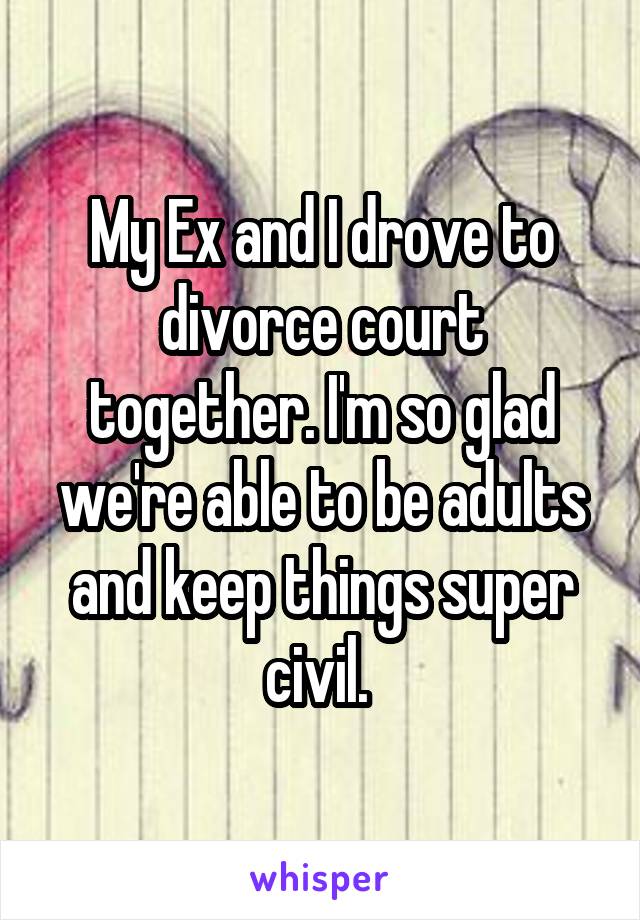 My Ex and I drove to divorce court together. I'm so glad we're able to be adults and keep things super civil. 