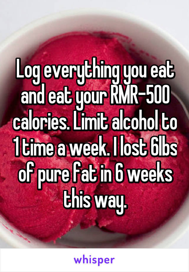 Log everything you eat and eat your RMR-500 calories. Limit alcohol to 1 time a week. I lost 6lbs of pure fat in 6 weeks this way.