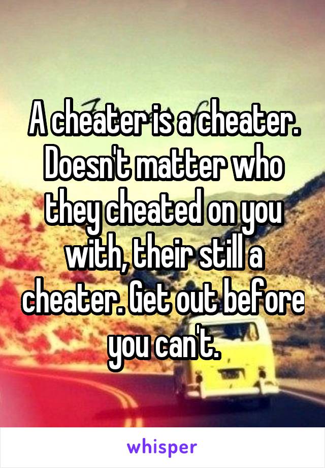 A cheater is a cheater.
Doesn't matter who they cheated on you with, their still a cheater. Get out before you can't.