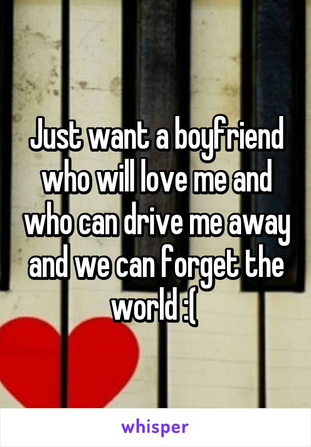 Just want a boyfriend who will love me and who can drive me away and we can forget the world :( 