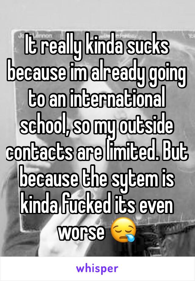 It really kinda sucks because im already going to an international school, so my outside contacts are limited. But because the sytem is kinda fucked its even worse 😪