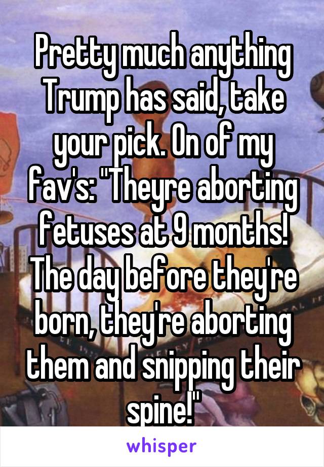 Pretty much anything Trump has said, take your pick. On of my fav's: "Theyre aborting fetuses at 9 months! The day before they're born, they're aborting them and snipping their spine!"