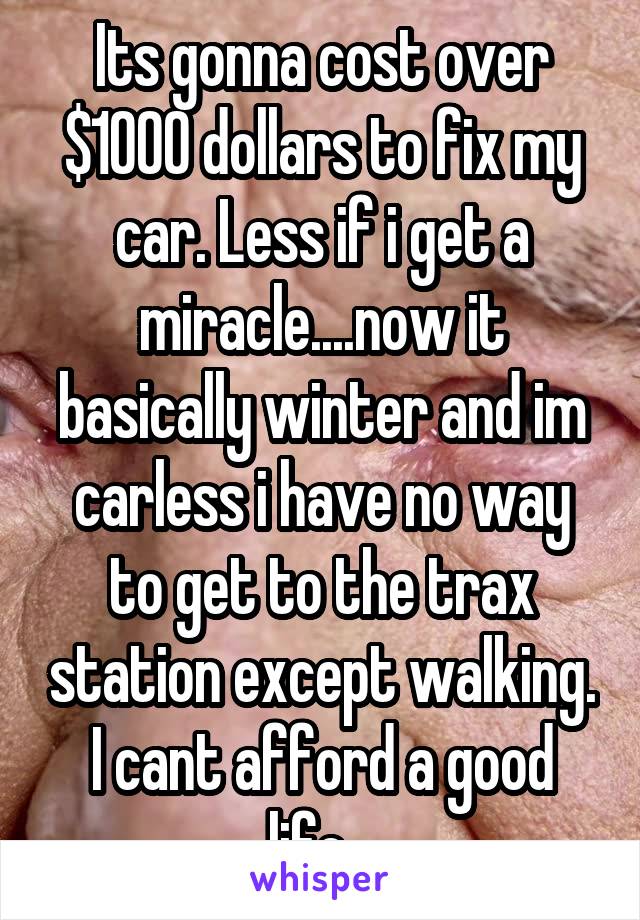 Its gonna cost over $1000 dollars to fix my car. Less if i get a miracle....now it basically winter and im carless i have no way to get to the trax station except walking. I cant afford a good life...