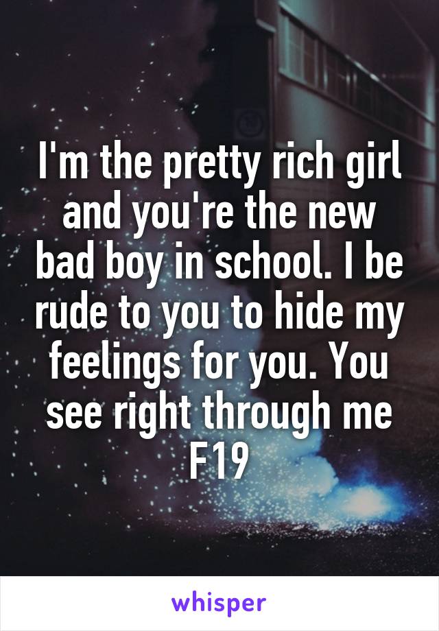 I'm the pretty rich girl and you're the new bad boy in school. I be rude to you to hide my feelings for you. You see right through me
F19