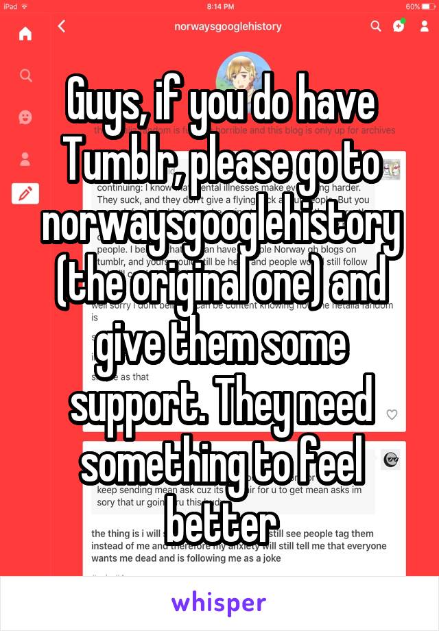 Guys, if you do have Tumblr, please go to norwaysgooglehistory (the original one) and give them some support. They need something to feel better