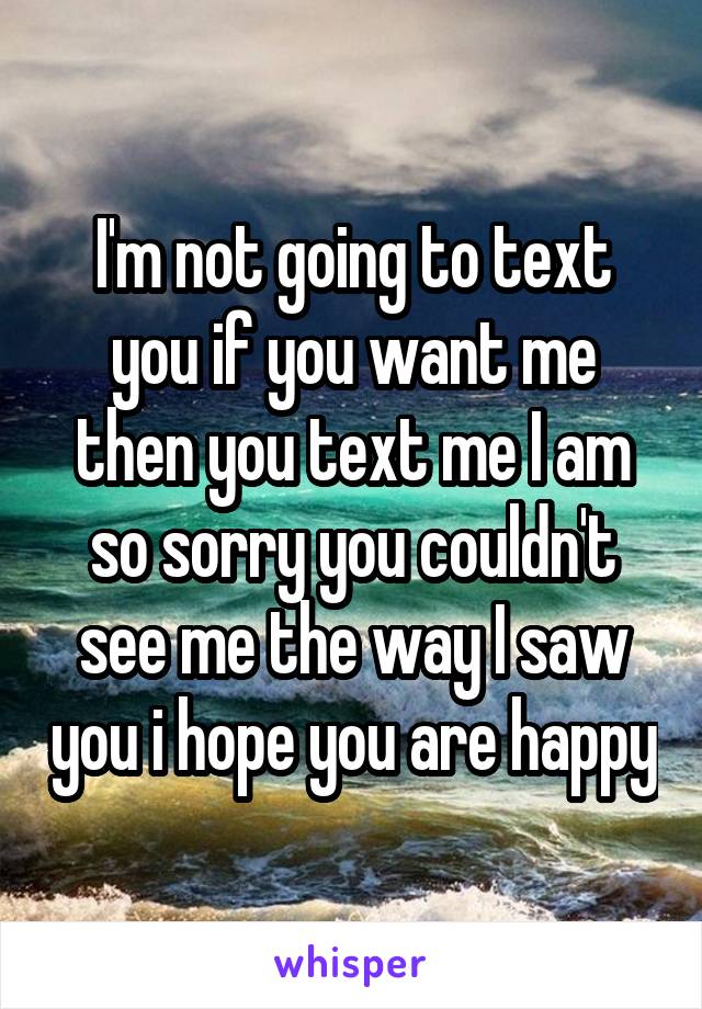 I'm not going to text you if you want me then you text me I am so sorry you couldn't see me the way I saw you i hope you are happy